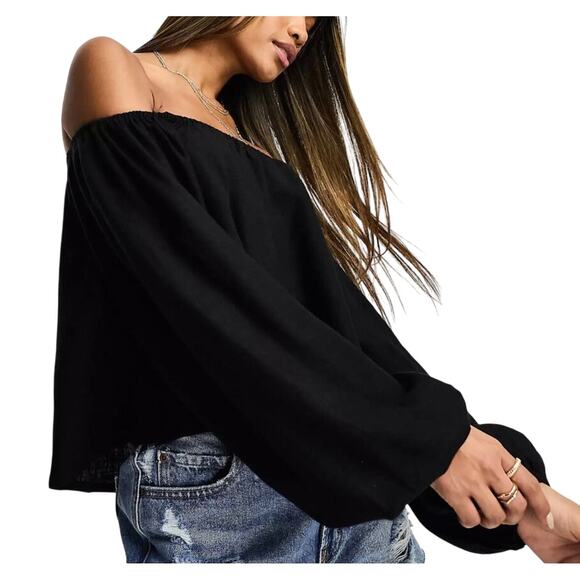 ASOS Crop Top Linen Blend Off-Shoulder Long Sleeve Lightweight Black Size 4 NWOT - Picture 7 of 10